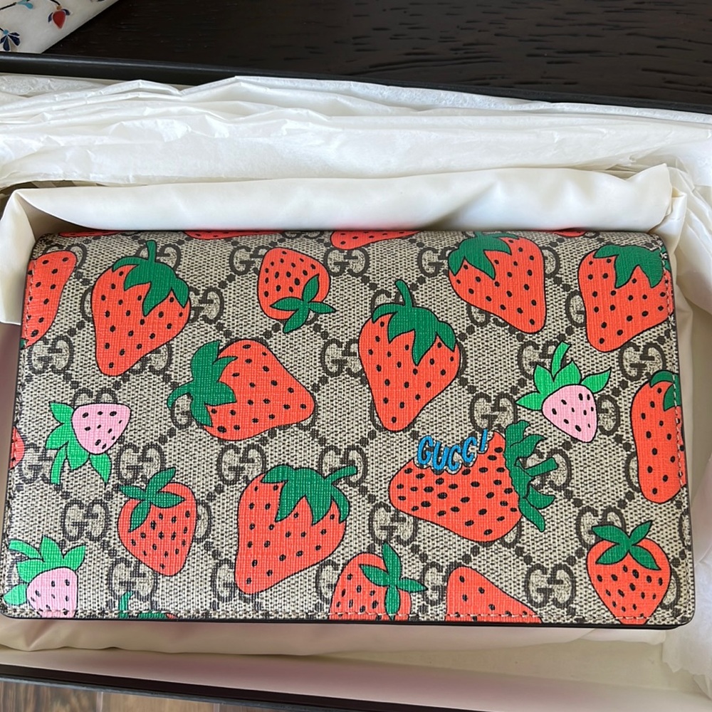 Gucci Chain Monogram Strawberry Wallet Coated Canvas and Leather Cross Body Bag